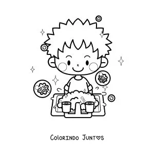 Desenho para colorir de um menino kawaii lavando as maos para prevenir os virus