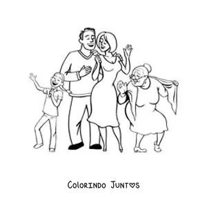 Desenho para colorir de uma família se divertindo com a vovó dançando ao lado