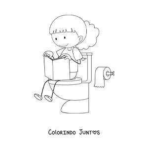 Desenho para colorir de uma menina sentada no vaso sanitario lendo um livro