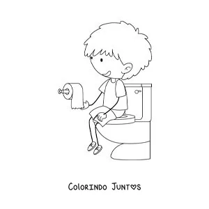 Desenho para colorir de um menino sentado no vaso sanitario com papel higienico