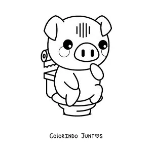 Desenho para colorir de um fofo porquinho animado aprendendo a usar o vaso sanitario