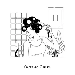 Desenho para colorir de uma mulher penteando o cabelo com laque