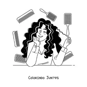 Desenho para colorir de uma mulher de cabelo cacheado se penteando