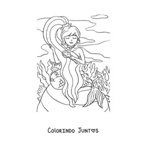 Desenho para colorir de uma sereia animada penteando o cabelo