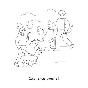 Desenho para colorir de pessoas passeando com seus cachorros no parque