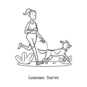 Desenho para colorir de uma garota correndo com seu cachorro no parque