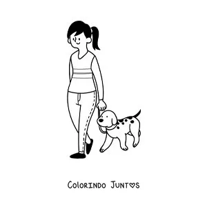 Desenho para colorir de uma garota passeando com seu cachorro