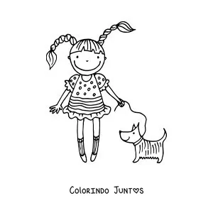 Desenho para colorir de uma caricatura de uma menina passeando com seu cachorro