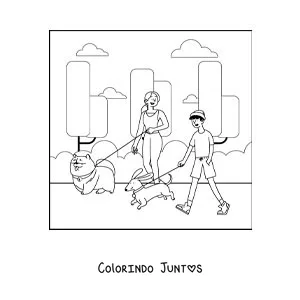 Desenho para colorir de uma garota e um garoto passeando com seus cachorros no parque