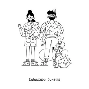 Desenho para colorir de um casal com seu gato e seu cachorro na coleira