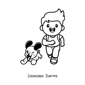 Desenho para colorir de um menino correndo com seu cachorro kawaii