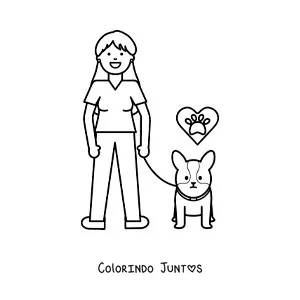 Desenho para colorir de uma garota passeando com seu cachorrinho na coleira