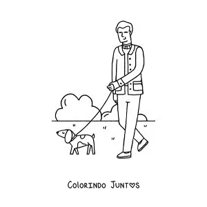 Desenho para colorir de um homem passeando com seu cachorro no parque
