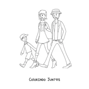 Desenho para colorir de uma família passeando