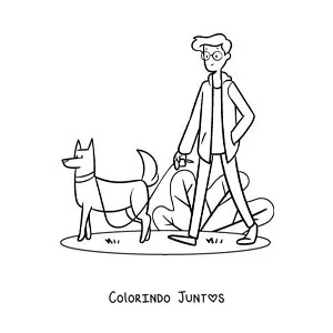 Desenho para colorir de um jovem levando seu cachorro para passear no parque