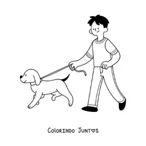 Desenho para colorir de um garoto levando seu cachorro para passear na coleira