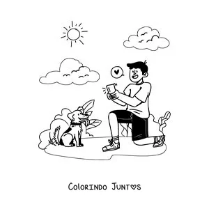 Desenho para colorir de um menino tirando fotos do seu cachorro em um passeio