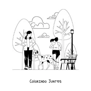 Desenho para colorir de um homem caminhando com seu cachorro no parque