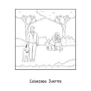 Desenho para colorir de varias pessoas passeando com seus cachorros no parque
