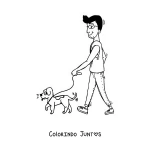 Desenho para colorir de uma caricatura de um homem passeando com seu cachorro