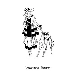 Desenho para colorir de uma garota elegante passeando com seu cachorro