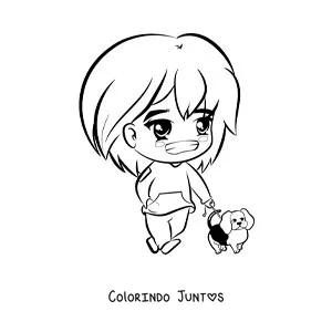 Desenho para colorir de uma menina kawaii passeando com seu cachorro