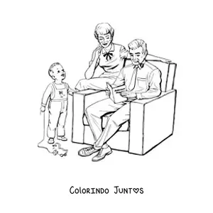 Desenho para colorir de uma família no estilo vintage