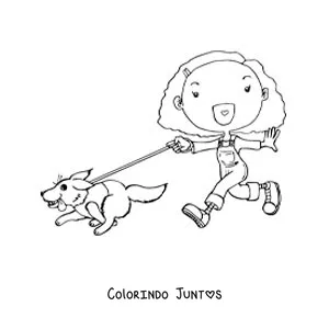 Desenho para colorir de uma menina animada passeando com seu cachorro