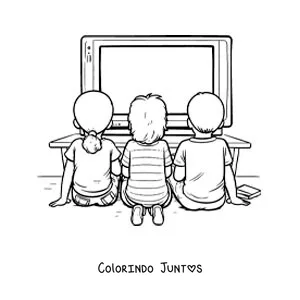 Desenho para colorir de criancas sentadas em frente a televisao