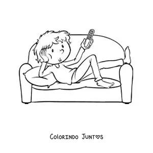 Desenho para colorir de um menino deitado no sofa com o controle da televisao