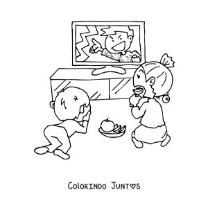 Desenho para colorir de duas criancas comendo frutas e assistindo televisao