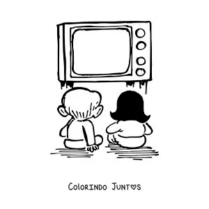 Desenho para colorir de uma caricatura de duas criancas assistindo televisao