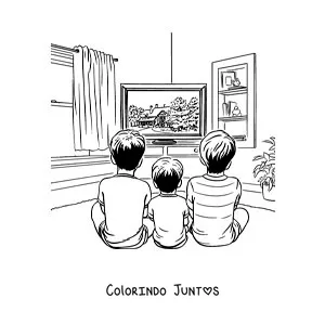 Desenho para colorir de criancas sentadas assistindo TV