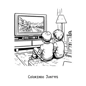 Desenho para colorir de dois meninos amigos assistindo TV