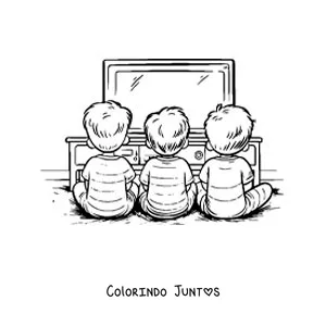 Desenho para colorir de tres irmaos assistindo televisao