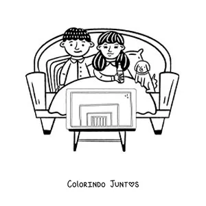 Desenho para colorir de um casal assistindo filmes na TV no sofa
