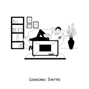 Desenho para colorir de um menino assistindo filmes na TV comendo pipoca