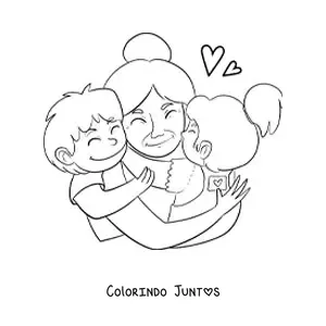 Desenho para colorir de uma vovó abraçando seus dois netos