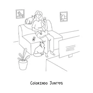 Desenho para colorir de uma menina assistindo TV em casa com seus gatos