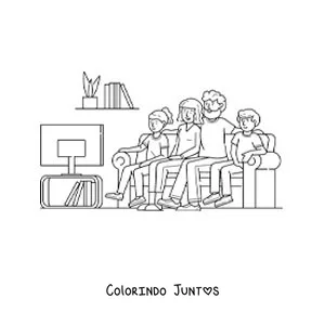 Desenho para colorir de uma familia assistindo televisao em casa