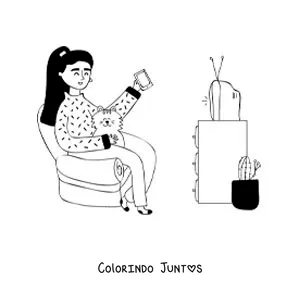 Desenho para colorir de uma menina assistindo televisao com seu gato
