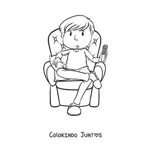 Desenho para colorir de um menino sentado com o controle da TV