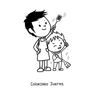 Desenho para colorir de um menino ajudando seu pai a limpar a casa