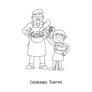Desenho para colorir de um menino ajudando seu pai a cozinhar em casa