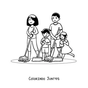 Desenho para colorir de uma familia limpando a casa
