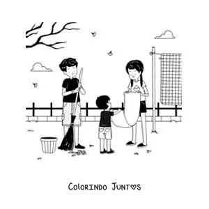 Desenho para colorir de criancas ajudando a mae a arrumar o quintal