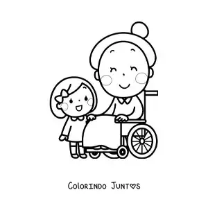 Desenho para colorir de uma vovó kawaii sentada ao lado da netinha em pé
