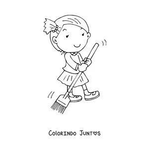 Desenho para colorir de uma menina ajudando a varrer em casa