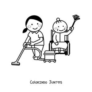 Desenho para colorir de uma menina e uma avo limpando a casa