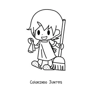 Desenho para colorir de uma menina kawaii com uma vassoura para limpar o chao